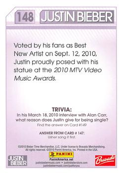 2010 Panini Justin Bieber #148 Voted by his fans as Best New Artist on Sept. Back