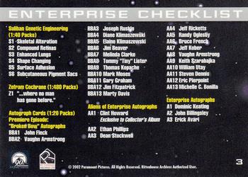2002 Rittenhouse Star Trek Enterprise Season 1 #3 Enterprise Checklist Back