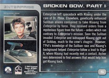 2002 Rittenhouse Star Trek Enterprise Season 1 #5 Broken Bow, Part I Back