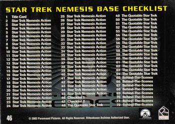 2002 Rittenhouse Star Trek: Nemesis #46 Base Checklist / Cast Montage Back