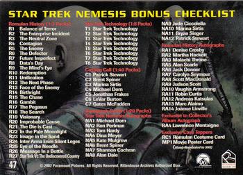 2002 Rittenhouse Star Trek: Nemesis #47 Bonus Checklist / Cast Montage Back