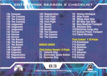 2003 Rittenhouse Star Trek Enterprise Season 2 #83 Checklist 135-162, V1-V12, F13-F19 Back