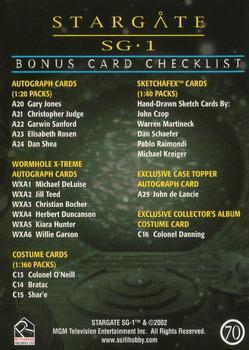 2003 Rittenhouse Stargate SG-1 Season 5 #70 Bonus Card Checklist Back