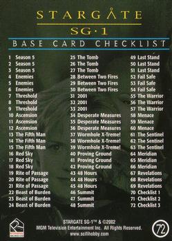2003 Rittenhouse Stargate SG-1 Season 5 #72 Base Card Checklist Back
