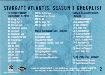 2005 Rittenhouse Stargate Atlantis Season 1 #2 Title Triptych/Checklist (Q, AT, C) Back
