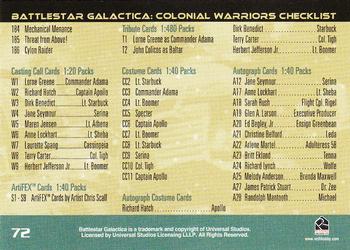 2006 Rittenhouse Battlestar Galactica: Colonial Warriors #72 Checklist Back