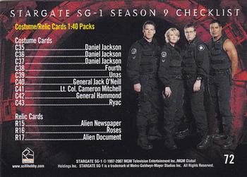 2007 Rittenhouse Stargate SG-1 Season 9 #72 Checklist [costumes, relics] Back