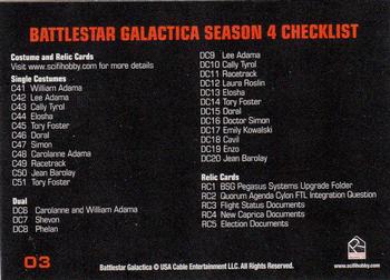 2009 Rittenhouse Battlestar Galactica Season Four #03 Checklist: Costume and Relic Cards Back