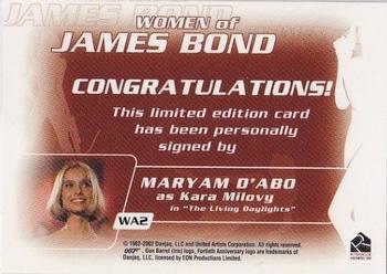 2003 Rittenhouse The Women of James Bond in Motion - Autographs #WA2 Maryam d'Abo Back