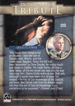 2003 Rittenhouse Stargate SG-1 Season 5 - Dr. Daniel Jackson Tribute #D5 Absolute Power Back