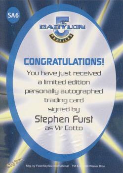 1999 SkyBox Babylon 5: Profiles - Sleeping in Light Autographs #SA6 Stephen Furst Back