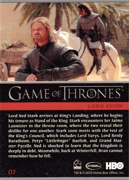 2012 Rittenhouse Game of Thrones Season 1 #07 Lord Ned Stark arrives at King's Landing, where he... Back