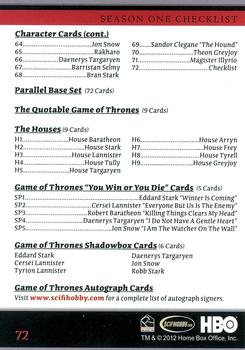 2012 Rittenhouse Game of Thrones Season 1 #72 Season One Checklist Back