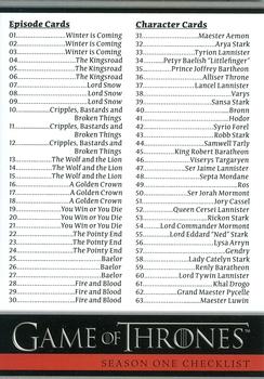 2012 Rittenhouse Game of Thrones Season 1 #72 Season One Checklist Front
