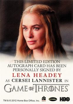 2012 Rittenhouse Game of Thrones Season 1 - Autographs Full Bleed #NNO Lena Headey Back