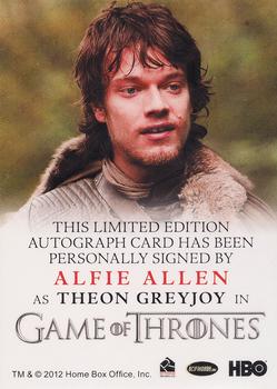 2012 Rittenhouse Game of Thrones Season 1 - Autographs Full Bleed #NNO Alfie Allen Back