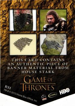 2013 Rittenhouse Game of Thrones Season 2 - House Banner Relics #RS1 Eddard Stark Back
