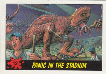 1988 Topps Dinosaurs Attack! #12 Panic in the Stadium Front