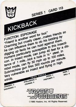 1985 Hasbro Transformers #113 Kickback Back