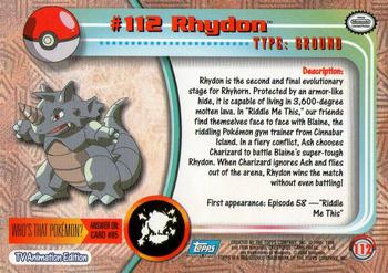 2000 Topps Pokemon TV Animation Edition Series 2 #112 Rhydon Back