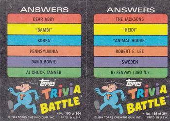1984 Topps Trivia Battle Game #189 / 190 Card 189 / Card 190 Back