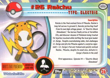 1999 Topps Pokemon TV Animation Edition Series 1 - Black Topps Logo #26 Raichu Back