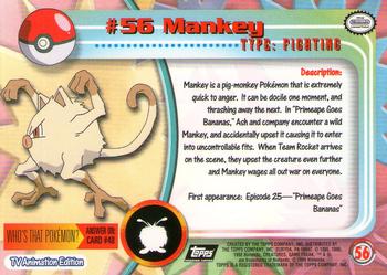 1999 Topps Pokemon TV Animation Edition Series 1 - Black Topps Logo #56 Mankey Back