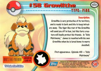 1999 Topps Pokemon TV Animation Edition Series 1 #58 Growlithe Back