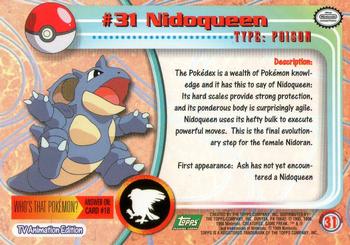 1999 Topps Pokemon TV Animation Edition Series 1 - Green Topps Logo #31 Nidoqueen Back