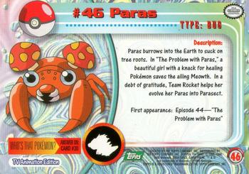 1999 Topps Pokemon TV Animation Edition Series 1 - Green Topps Logo #46 Paras Back