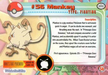 1999 Topps Pokemon TV Animation Edition Series 1 - Green Topps Logo #56 Mankey Back