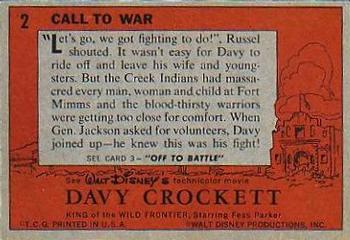 1956 Topps Davy Crockett Orange Back (R712-1) #2 Call to War Back