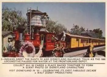 1965 Donruss Disneyland (Puzzle Back) #5 Indians Greet the Santa Fe and Disneyland Railroad Trains as the 1980 Locomotive Pauses for Water at the Frontierland Depot Front