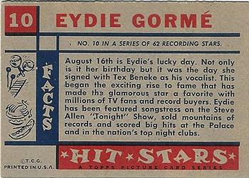 1957 Topps Hit Stars #10 Eydie Gormé Back