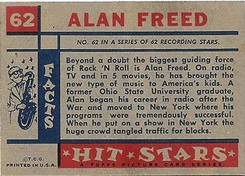 1957 Topps Hit Stars #62 Alan Freed Back