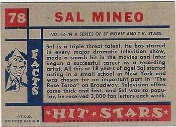 1957 Topps Hit Stars #78 Sal Mineo Back
