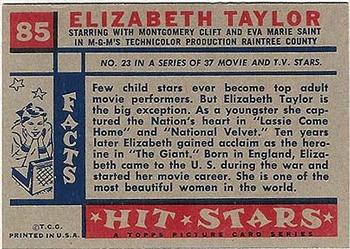 1957 Topps Hit Stars #85 Elizabeth Taylor Back
