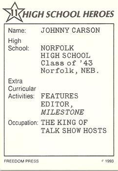 1993 Freedom Press High School Heroes Series I #11 Johnny Carson Back