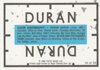 1985 Topps Duran Duran #14 Duran Duran - Andy Taylor / John Taylor Back