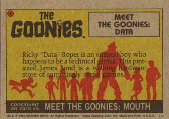1985 Topps The Goonies #4 Meet the Goonies: Data Back