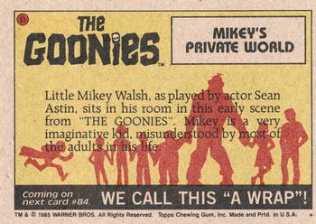 1985 Topps The Goonies #83 Mikey's Private World Back