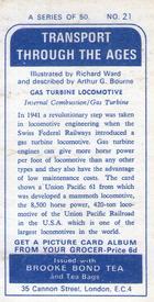 1966 Brooke Bond Transport Through the Ages #21 Gas Turbine Locomotive Back