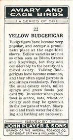 1933 Player's Aviary and Cage Birds #22 Yellow Budgerigar Back