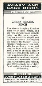 1933 Player's Aviary and Cage Birds #45 Green Singing Finch Back