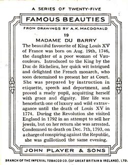 1937 Player's Famous Beauties #19 Madame Du Barry Back