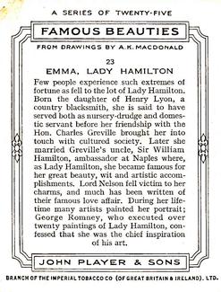 1937 Player's Famous Beauties #23 Emma, Lady Hamilton Back