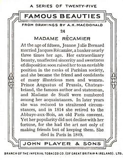 1937 Player's Famous Beauties #24 Madame Recamier Back