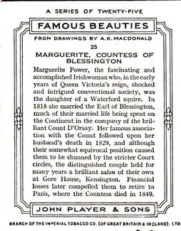 1937 Player's Famous Beauties #25 Marguerite, Countess of Blessington Back