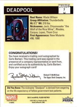 2013 Fleer Retro Marvel  - 1990 Marvel Universe Design Autographs #7 Deadpool / Carlo Barberi Back