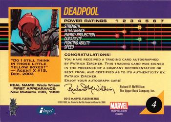 2013 Fleer Retro Marvel  - 1992 Marvel Universe Design Autographs #4 Deadpool / Patrick Zircher Back